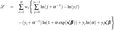 \begin{eqnarray*}  \mathcal{L} &  = &  \sum _{i=1}^{N} w_ i\Bigg\{  \sum _{j=0}^{y_{i}-1}\ln (j+\alpha ^{-1}) -\ln (y_{i}!) \\ & &  - (y_{i}+\alpha ^{-1}) \ln (1+\alpha \exp (\mathbf{x}_{i}^{\prime }\bbeta )) +y_{i}\ln (\alpha ) + y_{i}\mathbf{x}_{i}^{\prime }\bbeta \Bigg\}  \end{eqnarray*}