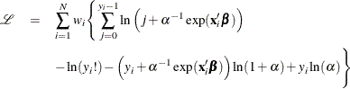 \begin{eqnarray*}  \mathcal{L} &  = &  \sum _{i=1}^{N} w_ i\Bigg\{  \sum _{j=0}^{y_{i}-1} \ln \left(j+\alpha ^{-1}\exp (\mathbf{x}_{i}^{\prime }\bbeta ) \right) \\ & &  -\ln (y_{i}!) -\left(y_{i}+\alpha ^{-1}\exp (\mathbf{x}_{i}^{\prime }\bbeta )\right)\ln (1+\alpha ) + y_{i}\ln (\alpha ) \Bigg\}  \end{eqnarray*}