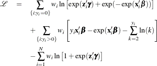 \begin{eqnarray*}  \mathcal{L} &  = &  \sum _{\{ i: y_{i}=0\} } w_ i\ln \left[\exp (\mathbf{z}_{i}’\bgamma )+\exp (-\exp (\mathbf{x}_{i}’\bbeta )) \right] \\ & &  + \sum _{\{ i: y_{i}>0\} }w_ i\left[y_{i} \mathbf{x}_{i}’\bbeta -\exp (\mathbf{x}_{i}’\bbeta ) - \sum _{k=2}^{y_{i}}\ln (k) \right] \\ & &  - \sum _{i=1}^{N}w_ i\ln \left[ 1 + \exp (\mathbf{z}_{i}’\bgamma ) \right] \end{eqnarray*}