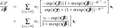 \begin{eqnarray*}  \frac{\partial \mathcal{L}}{\partial \bbeta } &  = &  \sum _{\{ i: y_{i}=0\} } w_ i\left[\frac{-\exp (\mathbf{x}_{i}'\bbeta ) (1+\alpha \exp (\mathbf{x}_{i}'\bbeta ))^{-\alpha ^{-1}-1}}{\exp (\mathbf{z}_{i}'\bgamma ) + (1+\alpha \exp (\mathbf{x}_{i}'\bbeta ))^{-\alpha ^{-1}}}\right] \mathbf{x}_{i} \\ &  + &  \sum _{\{ i: y_{i}>0\} } w_ i\left[ \frac{y_{i} - \exp (\mathbf{x}_{i}'\bbeta )}{1 + \alpha \exp (\mathbf{x}_{i}'\bbeta )} \right] \mathbf{x}_{i} \end{eqnarray*}