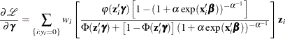 \[  \frac{\partial \mathcal{L}}{\partial \bgamma } = \sum _{\{ i: y_{i}=0\} } w_ i\left[\frac{\varphi (\mathbf{z}_{i}'\bgamma ) \left[1-(1+\alpha \exp (\mathbf{x}_{i}'\bbeta ))^{-\alpha ^{-1}} \right]}{ \Phi (\mathbf{z}_{i}'\bgamma ) + \left[1- \Phi (\mathbf{z}_{i}'\bgamma )\right] (1+\alpha \exp (\mathbf{x}_{i}'\bbeta ))^{-\alpha ^{-1}}} \right] \mathbf{z}_{i}  \]