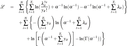 \begin{eqnarray*}  \mathcal{L} &  = &  \sum _{i=1}^{N} \left\{  \sum _{t=1}^{T_{i}} \ln (\frac{\lambda _{it}^{y_{it}}}{y_{it}!}) + \alpha ^{-1} \ln (\alpha ^{-1}) -\alpha ^{-1} \ln (\alpha ^{-1}+\sum _{t=1}^{T_{i}}\lambda _{it}) \right\}  \\ & &  + \sum _{i=1}^{N} \left\{  - \left( \sum _{t=1}^{T_{i}}y_{it} \right) \ln \left(\alpha ^{-1}+\sum _{t=1}^{T_{i}}\lambda _{it}\right) \right. \\ & &  \left. \; \; \; \; \; \; \;  + \ln \left[\Gamma \left(\alpha ^{-1}+ \sum _{t=1}^{T_{i}}y_{it} \right)\right] -\ln (\Gamma (\alpha ^{-1})) \right\}  \end{eqnarray*}