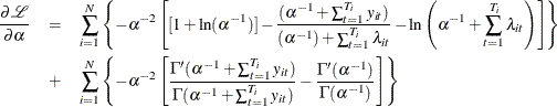 \begin{eqnarray*}  \frac{\partial \mathcal{L}}{\partial \alpha } &  = &  \sum _{i=1}^{N} \left\{  -\alpha ^{-2} \left[ [1+ \ln (\alpha ^{-1})] - \frac{(\alpha ^{-1}+\sum _{t=1}^{T_{i}} y_{it})}{(\alpha ^{-1})+ \sum _{t=1}^{T_{i}}\lambda _{it}} - \ln \left(\alpha ^{-1} + \sum _{t=1}^{T_{i}} \lambda _{it} \right) \right] \right\}  \\ & + &  \sum _{i=1}^{N} \left\{  -\alpha ^{-2} \left[ \frac{\Gamma '(\alpha ^{-1}+ \sum _{t=1}^{T_{i}} y_{it})}{\Gamma (\alpha ^{-1} +\sum _{t=1}^{T_{i}} y_{it})} -\frac{\Gamma '(\alpha ^{-1})}{\Gamma (\alpha ^{-1})} \right] \right\}  \end{eqnarray*}