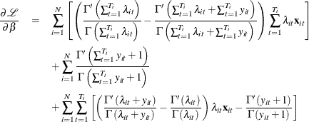 \begin{eqnarray*}  \frac{\partial \mathcal{L}}{\partial \beta }& = &  \sum _{i=1}^{N}\left[\left(\frac{\Gamma '\left(\sum _{t=1}^{T_{i}}\lambda _{it}\right)}{\Gamma \left(\sum _{t=1}^{T_{i}}\lambda _{it}\right)}-\frac{\Gamma '\left(\sum _{t=1}^{T_{i}}\lambda _{it}+\sum _{t=1}^{T_{i}}y_{it}\right)}{\Gamma \left(\sum _{t=1}^{T_{i}}\lambda _{it}+\sum _{t=1}^{T_{i}}y_{it}\right)}\right)\sum _{t=1}^{T_{i}}\lambda _{it}\mathbf{x}_{it}\right]\\ & &  +\sum _{i=1}^{N}\frac{\Gamma '\left(\sum _{t=1}^{T_{i}}y_{it}+1\right)}{\Gamma \left(\sum _{t=1}^{T_{i}}y_{it}+1\right)}\\ & &  +\sum _{i=1}^{N}\sum _{t=1}^{T_{i}}\left[\left(\frac{\Gamma '\left(\lambda _{it}+y_{it}\right)}{\Gamma \left(\lambda _{it}+y_{it}\right)}-\frac{\Gamma '\left(\lambda _{it}\right)}{\Gamma \left(\lambda _{it}\right)}\right)\lambda _{it}\mathbf{x}_{it}-\frac{\Gamma '\left(y_{it}+1\right)}{\Gamma \left(y_{it}+1\right)}\right] \end{eqnarray*}