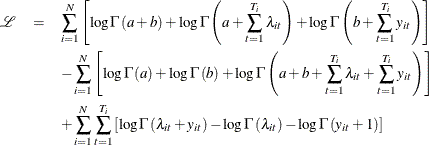 \begin{eqnarray*}  \mathcal{L}& = &  \sum _{i=1}^{N}\left[\log \Gamma \left(a+b\right)+\log \Gamma \left(a+\sum _{t=1}^{T_{i}}\lambda _{it}\right)+\log \Gamma \left(b+\sum _{t=1}^{T_{i}}y_{it}\right)\right]\\ & &  -\sum _{i=1}^{N}\left[\log \Gamma \left(a\right)+\log \Gamma \left(b\right)+\log \Gamma \left(a+b+\sum _{t=1}^{T_{i}}\lambda _{it}+\sum _{t=1}^{T_{i}}y_{it}\right)\right]\\ & &  +\sum _{i=1}^{N}\sum _{t=1}^{T_{i}}\left[\log \Gamma \left(\lambda _{it}+y_{it}\right)-\log \Gamma \left(\lambda _{it}\right)-\log \Gamma \left(y_{it}+1\right)\right] \end{eqnarray*}