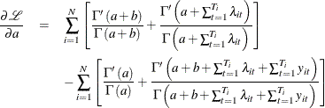 \begin{eqnarray*}  \frac{\partial \mathcal{L}}{\partial a}& = &  \sum _{i=1}^{N}\left[\frac{\Gamma '\left(a+b\right)}{\Gamma \left(a+b\right)}+\frac{\Gamma '\left(a+\sum _{t=1}^{T_{i}}\lambda _{it}\right)}{\Gamma \left(a+\sum _{t=1}^{T_{i}}\lambda _{it}\right)}\right]\\ & &  -\sum _{i=1}^{N}\left[\frac{\Gamma '\left(a\right)}{\Gamma \left(a\right)}+\frac{\Gamma '\left(a+b+\sum _{t=1}^{T_{i}}\lambda _{it}+\sum _{t=1}^{T_{i}}y_{it}\right)}{\Gamma \left(a+b+\sum _{t=1}^{T_{i}}\lambda _{it}+\sum _{t=1}^{T_{i}}y_{it}\right)}\right] \end{eqnarray*}