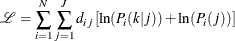 \[  \mathcal{L} = \sum _{i=1}^{N}\sum _{j=1}^{J}d_{ij} \left[\ln (P_{i}(k|j)) + \ln (P_{i}(j)) \right]  \]