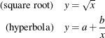 \begin{align*}  \text {(square root)}\quad y &  = \sqrt {x} \\ \text {(hyperbola)} \quad y &  = a + \frac{b}{x} \end{align*}