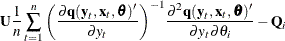 \begin{eqnarray*}  \Strong{U} \frac{1}{n} \sum _{t=1}^{n}{ \left( \frac{\partial \Strong{q} (\Strong{y}_{t}, \Strong{x}_{t}, {\btheta })'}{\partial y_{t}} \right)}^{-1} \frac{{\partial }^{2} \Strong{q} (\Strong{y}_{t}, \Strong{x}_{t},{\btheta })'}{{\partial } y_{t}{\partial } \theta _{i}} - \Strong{Q}_{i} \nonumber \end{eqnarray*}