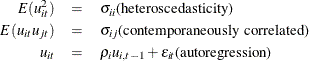 \begin{eqnarray*}  {E}( u^{2}_{it})& =& {\sigma }_{ii} \textrm{(heteroscedasticity)} \\ {E}(u_{it}u_{jt})& =& {\sigma }_{ij} \textrm{(contemporaneously correlated)} \\ u_{it}& =&  {\rho }_{i} u_{i,t-1}+ {\epsilon }_{it} \textrm{(autoregression)} \nonumber \end{eqnarray*}