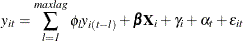 \[  \mi{y} _\mi {it} = \sum _\mi {l = 1} ^\mi {maxlag} \phi _\mi {l} \mi{y} _\mi {i(t-l)} + \bbeta \mb{X} _\mi {i} + \gamma _\mi {i} + \alpha _\mi {t} + \epsilon _\mi {it}  \]