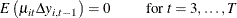 \[  E\left(\mu _{it}\Delta y_{i,t-1}\right)=0\hspace{0.3 in}\text {for }t=3,\ldots ,T  \]