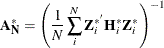 \[  \mb{A} _\mb {N} ^{*} = \left(\frac{1}{N}\sum _\mi {i} ^{N} \mb{Z} _\mi {i} ^{* '} \mb{H} _\mi {i} ^{*} \mb{Z} _\mi {i} ^{*} \right)^{-1}  \]