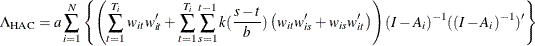 \[  \Lambda _{\mr{HAC}}=a\sum _{i = 1} ^{N}\left\{ \left(\sum _{t=1}^{T_{i}}{w_{it} w_{it}’}+\sum _{t=1}^{T_{i}}{\sum _{s=1}^{t-1}{k(\frac{s-t}{b})\left(w_{it} w_{is}’ + w_{is} w_{it}’\right)}}\right)(I-A_{i})^{-1}((I-A_{i})^{-1})’\right\}   \]