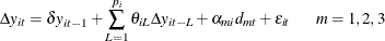 \begin{equation*}  \Delta y_{it}= \delta y_{it-1} + \sum _{L=1}^{p_{i}}{\theta _{iL}\Delta y_{it-L}} + \alpha _{mi} d_{mt} + \varepsilon _{it} \hspace{0.2 in} m=1,2,3 \end{equation*}