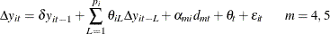 \begin{equation*}  \Delta y_{it}= \delta y_{it-1} + \sum _{L=1}^{p_{i}}{\theta _{iL}\Delta y_{it-L}} + \alpha _{mi} d_{mt} + \theta _ t + \varepsilon _{it} \hspace{0.2 in} m=4,5 \end{equation*}