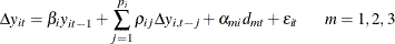 \begin{equation*}  \Delta y_{it}= \beta _{i} y_{it-1} + \sum _{j=1}^{p_{i}}{\rho _{ij}\Delta y_{i,t-j}} + \alpha _{mi} d_{mt} + \varepsilon _{it} \hspace{0.2 in} m= 1,2,3 \end{equation*}