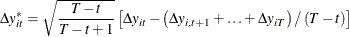 \begin{equation*}  \Delta y_{it}^{*}=\sqrt {\frac{T-t}{T-t+1}}\left[\Delta y_{it}-\left(\Delta y_{i,t+1}+\ldots +\Delta y_{iT}\right)/\left(T-t\right)\right] \end{equation*}