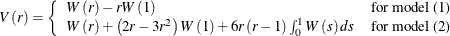 \begin{equation*}  V\left(r\right)=\left\{  \begin{array}{l l} W\left(r\right)-rW\left(1\right)& \text {for model (1)}\\ W\left(r\right)+\left(2r-3r^{2}\right)W\left(1\right) +6r\left(r-1\right)\int _{0}^{1}W\left(s\right)ds& \text {for model (2)} \end{array} \right. \end{equation*}