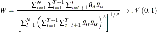 \begin{equation*}  W = \frac{\sum _{i = 1}^{N}\sum _{t = 1}^{T-1}\sum _{s = t + 1}^{T}\hat{u}_{it}\hat{u}_{is}}{\left[\sum _{i = 1}^{N}\left(\sum _{t = 1}^{T-1}\sum _{s = t + 1}^{T}\hat{u}_{it}\hat{u}_{is}\right)^{2}\right]^{1/2}}\rightarrow \mathcal{N}\left(0,1\right) \end{equation*}