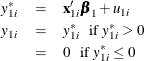 \begin{eqnarray*}  y_{1i}^{*} &  = &  \mathbf{x}_{1i}’\bbeta _{1} + u_{1i} \\ y_{1i} &  = &  y_{1i}^{*}\; \; \; \textrm{if $y^{*}_{1i} > 0$} \\ &  = &  0 \; \; \; \textrm{if $y^{*}_{1i} \leq 0$} \end{eqnarray*}