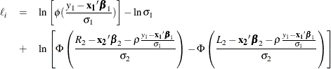 \begin{eqnarray*}  \ell _{i} & =&  \ln \left[\phi (\frac{y_1-\mb{x_1}'\bbeta _1}{\sigma _1})\right] - \ln \sigma _1 \\ & +&  \ln \left[\Phi \left(\frac{R_2-\mb{x_2}'\bbeta _2 -\rho \frac{y_1-\mb{x_1}'\bbeta _1}{\sigma _1}}{\sigma _2}\right) - \Phi \left(\frac{L_2-\mb{x_2}'\bbeta _2 -\rho \frac{y_1-\mb{x_1}'\bbeta _1}{\sigma _1}}{\sigma _2}\right)\right] \end{eqnarray*}