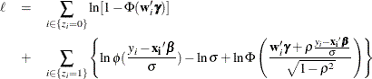 \begin{eqnarray*}  \ell & =&  \sum _{i\in \{ z_{i}=0\} }\ln [1-\Phi (\mb{w}_{i}’\bgamma )] \\ & +&  \sum _{i\in \{ z_{i}=1\}  } \left\{  \ln \phi (\frac{y_ i-\mb{x_ i}'\bbeta }{\sigma }) - \ln \sigma + \ln \Phi \left(\frac{\mb{w}_{i}'\bgamma + \rho \frac{y_ i-\mb{x_ i}'\bbeta }{\sigma }}{\sqrt {1-\rho ^2}}\right) \right\}  \end{eqnarray*}