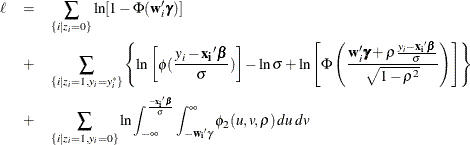 \begin{eqnarray*}  \ell & =&  \sum _{\{ i|z_{i}=0\} }\ln [1-\Phi (\mb{w}_{i}’\bgamma )] \\ & +&  \sum _{ \{ i|z_{i}=1,y_{i}=y_{i}^{*}\} } \left\{  \ln \left[\phi (\frac{y_ i-\mb{x_ i}'\bbeta }{\sigma })\right] - \ln \sigma + \ln \left[\Phi \left(\frac{\mb{w}_{i}'\bgamma + \rho \frac{y_ i-\mb{x_ i}'\bbeta }{\sigma }}{\sqrt {1-\rho ^2}}\right)\right] \right\}  \\ & +&  \sum _{ \{ i|z_{i}=1,y_{i}=0\} } \ln \int _{-\infty } ^{\frac{-\mb{x_ i}'\bbeta }{\sigma }} \int _{-\mb{w_ i}'\gamma } ^{\infty } \phi _2(u,v,\rho ) \, du\, dv \end{eqnarray*}