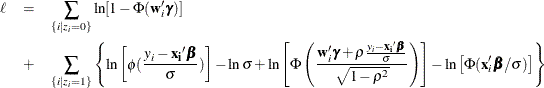 \begin{eqnarray*}  \ell & =&  \sum _{\{ i|z_{i}=0\} }\ln [1-\Phi (\mb{w}_{i}’\bgamma )] \\ & +&  \sum _{\{ i|z_{i}=1\}  } \left\{  \ln \left[\phi (\frac{y_ i-\mb{x_ i}'\bbeta }{\sigma })\right] - \ln \sigma + \ln \left[\Phi \left(\frac{\mb{w}_{i}'\bgamma + \rho \frac{y_ i-\mb{x_ i}'\bbeta }{\sigma }}{\sqrt {1-\rho ^2}}\right)\right] -\ln \left[\Phi (\mb{x}_{i}’\bbeta /\sigma )\right] \right\}  \end{eqnarray*}