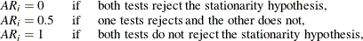 \begin{equation*} \begin{tabular}{lll} $AR_ i=0$  &  if  &  both tests reject the stationarity hypothesis,  \\ $ AR_ i=0.5$  &  if  &  one tests rejects and the other does not,   \\ $AR_ i=1$  &  if  &  both tests do not reject the stationarity hypothesis,   \end{tabular}\end{equation*}