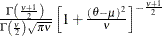 $\frac{\Gamma \left(\frac{\nu +1}{2}\right)}{\Gamma \left(\frac{\nu }{2}\right)\sqrt {\pi \nu }}\left[1+\frac{(\theta -\mu )^2}{\nu }\right]^{-\frac{\nu +1}{2}} $