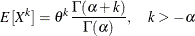 \[  E[X^ k] = \theta ^ k \frac{\Gamma (\alpha + k)}{\Gamma (\alpha )}, \quad k > -\alpha  \]