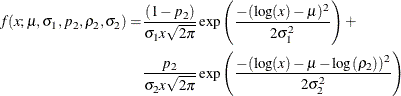 \begin{align*}  f(x;\mu ,\sigma _1,p_2,\rho _2,\sigma _2) = &  \frac{(1-p_2)}{\sigma _1 x \sqrt {2\pi }} \exp \left(\frac{-(\log (x) - \mu )^2}{2\sigma _1^2}\right) + \\ &  \frac{p_2}{\sigma _2 x \sqrt {2\pi }} \exp \left(\frac{-(\log (x) - \mu - \log (\rho _2))^2}{2\sigma _2^2}\right) \end{align*}