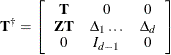 \[  \mb{T}^{\dagger } = \left[ \begin{array}{ccc} \mb{T} &  0 &  0 \\ \mb{Z} \mb{T} &  \Delta _{1} \ldots &  \Delta _{d} \\ 0 &  I_{d-1} &  0 \end{array} \right]  \]