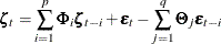 \[  \pmb {\zeta }_{t} = \sum _{i=1}^{p} \pmb {\Phi }_{i} \pmb {\zeta }_{t-i} + \pmb {\epsilon }_{t} - \sum _{j=1}^{q} \pmb {\Theta }_{j} \pmb {\epsilon }_{t-i}  \]