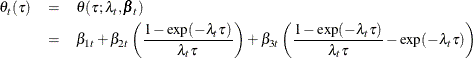 \begin{eqnarray*}  \theta _{t}(\tau ) &  = &  \theta (\tau ; \lambda _{t}, \pmb {\beta }_{t}) \nonumber \\ &  = &  \beta _{1t} + \beta _{2t} \left( \frac{1 - \exp (-\lambda _{t} \tau )}{\lambda _{t} \tau } \right) + \beta _{3t} \left( \frac{1 - \exp (-\lambda _{t} \tau )}{\lambda _{t} \tau } - \exp (-\lambda _{t} \tau ) \right) \nonumber \end{eqnarray*}