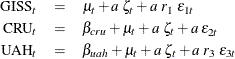 \begin{eqnarray*}  \mr{GISS}_{t} &  = &  \mu _{t} + a \;  \zeta _{t} + a\;  r_{1}\;  \epsilon _{1 t} \nonumber \\ \mr{CRU}_{t} &  = &  \beta _{cru} + \mu _{t} + a \;  \zeta _{t} + a\;  \epsilon _{2 t} \nonumber \\ \mr{UAH}_{t} &  = &  \beta _{uah} + \mu _{t} + a \;  \zeta _{t} + a\;  r_{3}\;  \epsilon _{3 t} \nonumber \end{eqnarray*}