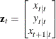 \begin{eqnarray*}  \Strong{z}_{t} = \left[\begin{matrix} x_{t|t}   \\ y_{t|t}   \\ x_{t+1|t}   \end{matrix}\right] \nonumber \end{eqnarray*}