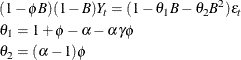 \begin{gather*}  (1-{\phi }{B})(1-{B})Y_{t} = (1-{\theta }_{1}{B}-{\theta }_{2}{B}^{2}) {\epsilon }_{t} \\ {\theta }_{1} = 1 + {\phi } - {\alpha } - {\alpha }{\gamma }{\phi } \\ {\theta }_{2} = ({\alpha } - 1){\phi } \end{gather*}