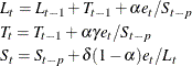 \begin{gather*}  L_{t} = L_{t-1} + T_{t-1} + {\alpha }e_{t}/S_{t-p} \\ T_{t} = T_{t-1} + {\alpha }{\gamma }e_{t}/S_{t-p} \\ S_{t} = S_{t-p} + {\delta }(1-{\alpha })e_{t}/L_{t} \end{gather*}