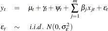 \begin{eqnarray*}  {y}_ t &  = &  \mu _ t + \gamma _ t + \psi _ t + \sum _{j=1}^{m} \beta _ j x_{j t} + \epsilon _ t \nonumber \\ \epsilon _ t &  \sim &  \;  i.i.d. \; \;  N( 0, \sigma _{\epsilon }^{2} )\nonumber \end{eqnarray*}