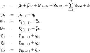 \begin{eqnarray*}  y_ t &  = &  \mu _{t} + \beta x_{t} + \kappa _{1t} u_{1t} + \kappa _{2t} u_{2t} + \sum _{i=1}^{3} \gamma _{it} s_{it} + \epsilon _{t} \nonumber \\ \mu _{t} &  = &  \mu _{t-1} + \eta _ t \nonumber \\ \kappa _{1t} &  = &  \kappa _{1 (t-1)} + \xi _{1t} \nonumber \\ \kappa _{2t} &  = &  \kappa _{2 (t-1)} + \xi _{2t} \nonumber \\ \gamma _{1t} &  = &  \gamma _{1 (t-1)} + \zeta _{1t} \nonumber \\ \gamma _{2t} &  = &  \gamma _{2 (t-1)} + \zeta _{2t} \nonumber \\ \gamma _{3t} &  = &  \gamma _{3 (t-1)} + \zeta _{3t} \nonumber \end{eqnarray*}