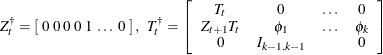 \[  Z^{\dagger }_{t} = \left[ \;  0 \;  0 \;  0 \;  0 \;  1 \;  \ldots \;  0 \;  \right] , \; \;  T^{\dagger }_{t} = \left[ \begin{array}{cccc} T_{t} &  0 &  \ldots &  0 \\ Z_{t+1} T_{t} &  \phi _1 &  \ldots &  \phi _ k \\ 0 &  I_{k-1, k-1} & &  0 \end{array} \right]  \]