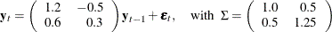 \begin{eqnarray*}  \mb{y} _{t} = \left( \begin{array}{rr} 1.2 &  -0.5 \\ 0.6 &  0.3 \\ \end{array} \right) \mb{y} _{t-1} + \bepsilon _ t, \quad \mr{with} ~ ~  \Sigma = \left( \begin{array}{rr} 1.0 &  0.5 \\ 0.5 &  1.25 \\ \end{array} \right) \end{eqnarray*}