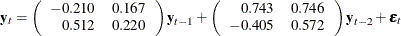 \begin{eqnarray*}  \mb{y} _ t = \left( \begin{array}{rr} -0.210 &  0.167 \\ 0.512 &  0.220 \end{array} \right) \mb{y} _{t-1} + \left( \begin{array}{rr} 0.743 &  0.746 \\ -0.405 &  0.572 \end{array} \right) \mb{y} _{t-2} + \bepsilon _ t \end{eqnarray*}