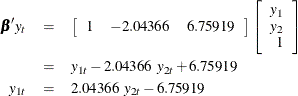 \begin{eqnarray*}  {\bbeta }’y_ t & =&  \left[ \begin{array}{rrr} 1 &  -2.04366 &  6.75919 \\ \end{array} \right] \left[ \begin{array}{r} y_1 \\ y_2 \\ 1 \end{array} \right] \\ & =&  y_{1t} - 2.04366~  y_{2t} + 6.75919 \\ y_{1t} & =&  2.04366~  y_{2t} - 6.75919 \end{eqnarray*}