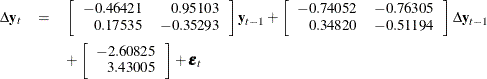 \begin{eqnarray*}  \Delta \mb{y} _ t & =&  \left[ \begin{array}{rr} -0.46421 &  0.95103 \\ 0.17535 &  -0.35293 \end{array} \right] \mb{y} _{t-1} + \left[ \begin{array}{rr} -0.74052 &  -0.76305 \\ 0.34820 &  -0.51194 \end{array} \right] \Delta \mb{y} _{t-1} \\ & &  + \left[ \begin{array}{r} -2.60825 \\ 3.43005 \end{array} \right] + \bepsilon _ t \end{eqnarray*}