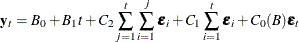 \begin{eqnarray*}  \mb{y} _ t = B_0 + B_1 t + C_2\sum _{j=1}^ t\sum _{i=1}^ j\bepsilon _ i + C_1\sum _{i=1}^ t\bepsilon _ i + C_0(B)\bepsilon _ t \end{eqnarray*}