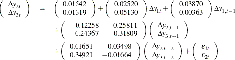 \begin{eqnarray*}  \left( \begin{array}{r} {\Delta y}_{2t} \\ {\Delta y}_{3t} \\ \end{array} \right) & =&  \left( \begin{array}{r} 0.01542 \\ 0.01319 \\ \end{array} \right) + \left( \begin{array}{r} 0.02520 \\ 0.05130 \\ \end{array} \right) {\Delta y}_{1t} + \left( \begin{array}{r} 0.03870 \\ 0.00363 \\ \end{array} \right) {\Delta y}_{1,t-1} \\ & &  + \left( \begin{array}{rr} -0.12258 &  0.25811 \\ 0.24367 &  -0.31809 \\ \end{array} \right) \left( \begin{array}{r} {\Delta y}_{2,t-1} \\ {\Delta y}_{3,t-1} \\ \end{array} \right) \\ & &  + \left( \begin{array}{rr} 0.01651 &  0.03498 \\ 0.34921 &  -0.01664 \\ \end{array} \right) \left( \begin{array}{r} {\Delta y}_{2,t-2} \\ {\Delta y}_{3,t-2} \\ \end{array} \right) + \left( \begin{array}{r} {\epsilon }_{1t} \\ {\epsilon }_{2t} \\ \end{array} \right) \end{eqnarray*}