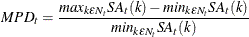 \[  MPD_{t} = \frac{max_{k{\epsilon }N_{t}}SA_{t}(k) - min_{k{\epsilon }N_{t}}SA_{t}(k)}{min_{k{\epsilon }N_{t}}SA_{t}(k) }  \]